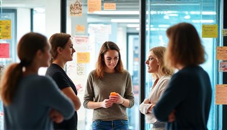 Creative professionals in a content creation workshop using post-it notes and laptops