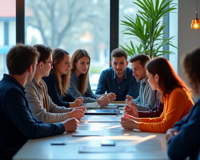 Creative team collaborating on digital content strategy in a modern office